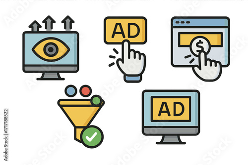 Digital marketing icon set for advertising. Vector icons for impressions, CPC, PPC, CTR, and conversion sales funnel. Web analytics and business metrics cartoon illustration.
