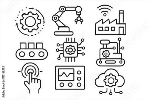 Industry 4.0 and smart factory line icon set. Automation, manufacturing, and robotics technology symbols. Vector icons of robotic arm, conveyor, and cloud computing process.