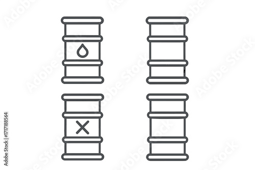 Oil barrel vector icon set. Thin line art illustration. Crude oil, petroleum, and gasoline concept. Industrial container for fuel, diesel and liquid. Energy industry symbol.