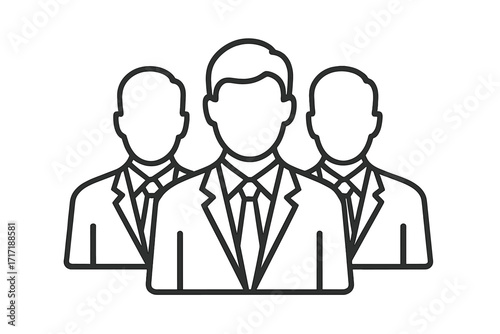 Vector line icon of a business team. Group of three men in formal suits representing leadership, management, and teamwork. Corporate staff, office workers, or professional group.