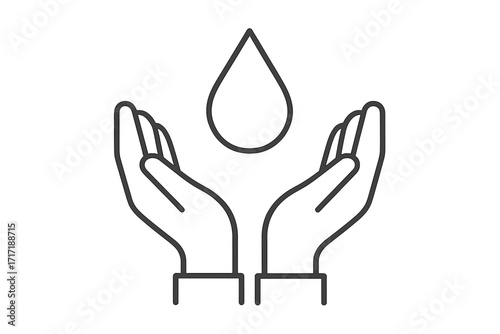 Hands with water drop. Line icon. Save water concept. Vector for hygiene, sustainability, hand washing, conservation, environment, charity, pure, clean, care, protect.