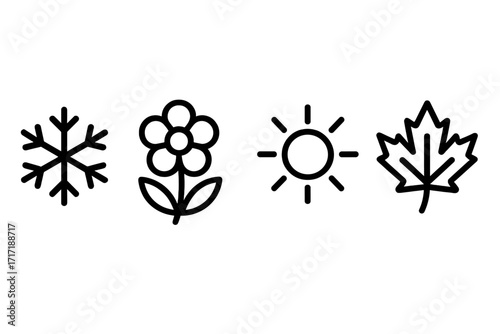 Four seasons icon set. Vector graphic elements representing winter, spring, summer, autumn. Simple outline symbols for weather and nature: snowflake, flower, sun, and leaf.