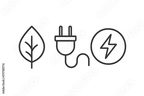 Green energy concept with leaf, plug, and power symbol. Thin line icon illustration for sustainability, renewable and alternative energies. Eco friendly electricity concept vector.