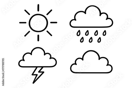 Weather icon set simple line art. Hand-drawn doodle collection with sun, rain, clouds, lightning. Minimalist forecast symbols for sunny, rainy, and stormy conditions.