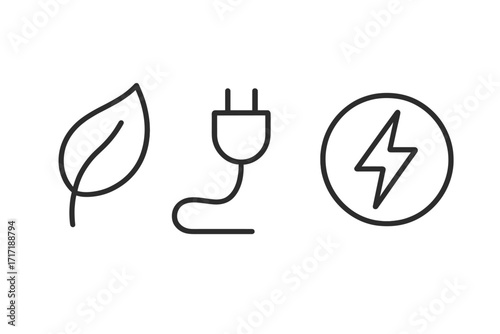 Leaf, plug, and electricity icon set. Vector thin line outline illustration for renewable, sustainable, and alternative green energy. Eco power and conservation concept.