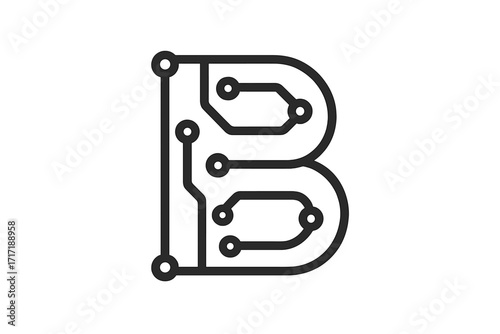 Letter B logo icon design. Minimal vector graphic template for technology, digital interfaces, hardware and engineering. Tech monogram made of circuit board style elements.