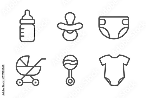 Baby essentials icon set. Minimalist outline vector collection. Includes milk bottle, pacifier, diaper, stroller, rattle, onesie. Newborn, childcare, baby shower concepts.