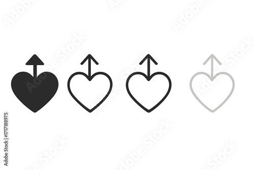 Heart arrow up icon set. Vector graphic design for concepts of love, health, growth, and improvement. Send, share, upload button. Male gender symbol. Minimal stylized collection.