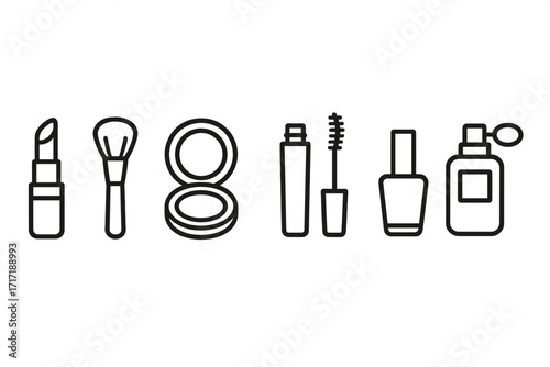 Minimalist beauty essentials icon set. Vector line art of cosmetics. Lipstick, brush, powder, mascara, nail polish, perfume. Makeup glamour symbols. Skincare illustration.