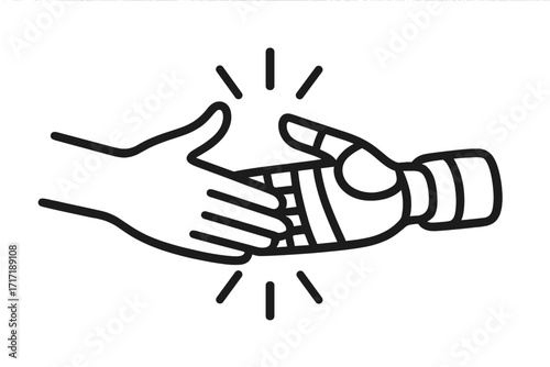 Human and robot hand shake icon. AI partnership. Future of technology. Man and machine synergy. Cooperation between human and artificial intelligence. Innovation concept. Vector.