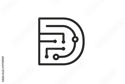 Letter D logo icon. Minimalist vector design for technology, digital interfaces, hardware, engineering. Tech monogram concept. Graphic symbol of circuit, data, network.