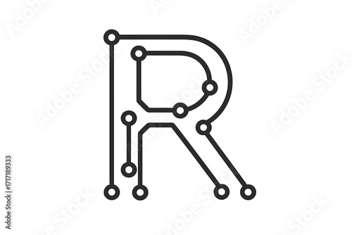 Letter R minimal logo icon design. Vector template graphic elements. Technology, digital interfaces, hardware, engineering concepts. Graphic initial made of circuits, lines, dots.