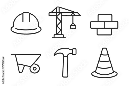 Construction line icons set for building and engineering. Includes hard hat, crane, brick, wheelbarrow, hammer, cone. Vector outline symbols for architecture and development.