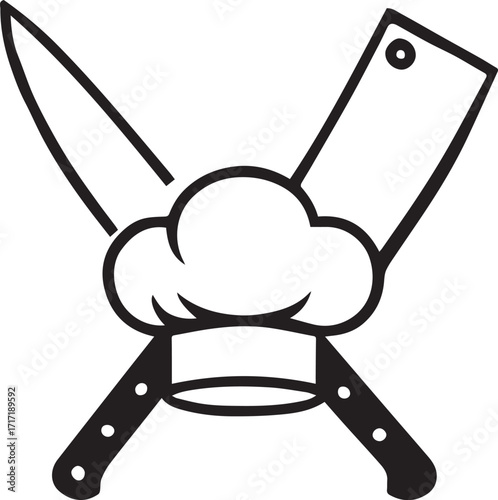 PrintChef Hat with Crossed Knife and Cleaver Vector for Culinary Branding, Restaurant Logos, and Cooking School Illustration Themes