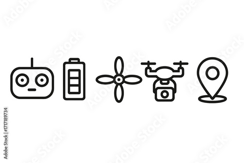 Drone icon set. Minimalist vector line art of a quadcopter, remote control, battery, propeller, and location pin. UAV technology, aerial photography, and navigation symbols.