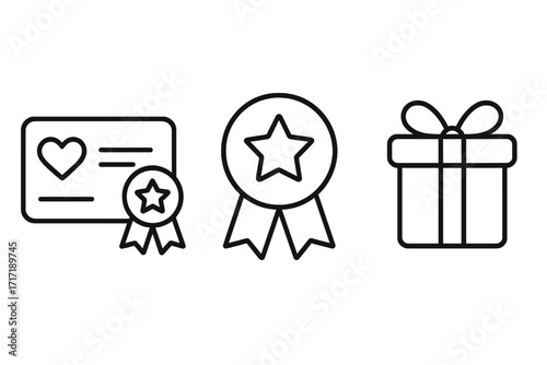 Loyalty program and customer rewards line icon set. Simple outline vector symbols of gift, bonus, vip card and badge for marketing, membership benefits and store promotion.