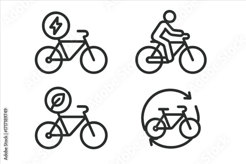Electric bicycle e-bike icon set for eco-friendly commuting. Sustainable transport symbols. Vector line art of a cyclist, green energy, and bike sharing for web design.