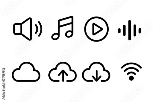 Minimalist audio and cloud technology icon set. Vector line art for digital platforms. Symbols for music streaming, sound, play button, upload, download, and wifi connection.