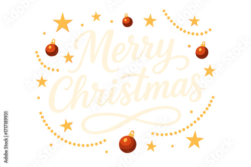 Merry Christmas elegant calligraphic handwritten text. Festive holiday vector greeting card design with gold stars, red ball ornaments, and decorative bead garlands. Happy Xmas.