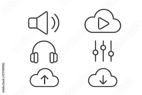 Audio and cloud technology icon set. Minimalist line art for digital media platforms. Vector symbols for sound, streaming, music, upload, download, and player settings.