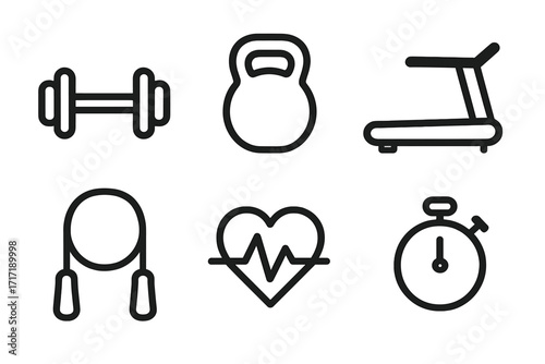 Gym and fitness icons set. Minimalist line art vector collection. Dumbbell, kettlebell, treadmill, jump rope, cardio heartbeat, stopwatch for sport, health and workout concept.