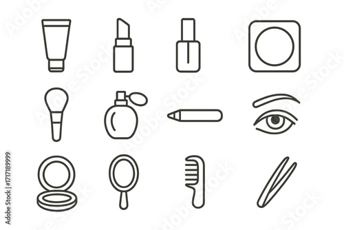 Minimalist beauty icons set with makeup essentials and cosmetic accessories. Vector line art. Includes lipstick, nail polish, perfume, powder, brush, mirror, comb, tweezers.