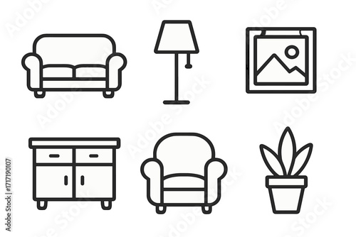 Minimalist home decor icon set for interior design. Furniture line art collection with sofa, armchair, lamp, cabinet, plant, and picture frame. Simple outline vector graphics.