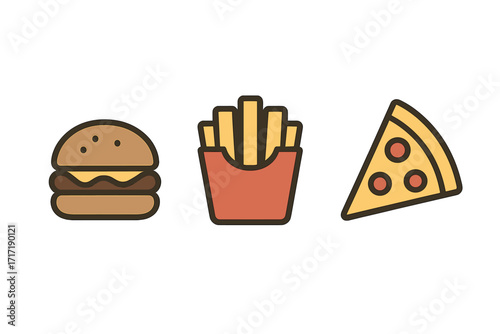 Fast food icon set with burger, french fries, and pizza slice. Simple flat cartoon vector illustration for menu, app, or web. Junk food, takeaway, and delivery symbols.