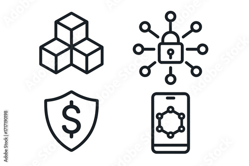 Blockchain technology icon set for DeFi and crypto. Minimalist vector line icons for decentralized finance, web3 security, crypto wallet, network, and digital block concepts.