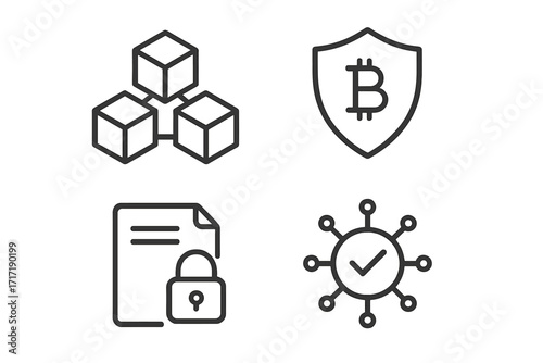 Blockchain technology line icon set. Vector symbols for DeFi, crypto, Bitcoin security, smart contract, and decentralized finance. Minimalist illustration for web3 and fintech.