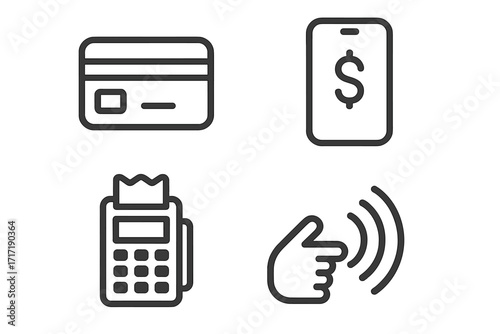 Payment methods line icon set. Minimalist vector icons for finance tech. Credit card, contactless NFC payment, POS terminal, mobile banking app. E-commerce transaction signs.