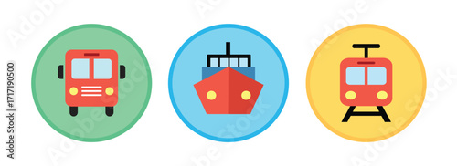 Transportation Icons Bus, Ship and Train. Set of transportation icon. Logo transportation. Colorful logo. 