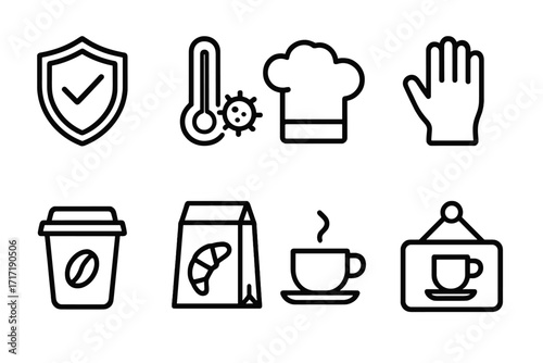 Food safety icon set for coffee shop. Cafe hygiene rules. Restaurant pandemic measures. Vector line icons. Chef hat, glove, temperature, virus, shield. Coffee, croissant.