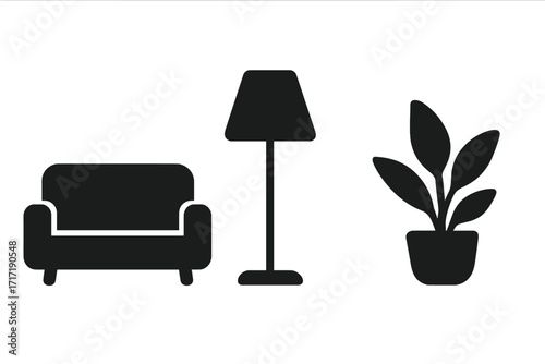 Minimalist home decor icons. Furniture silhouettes including sofa, armchair, floor lamp, and potted plant. Vector graphic set for interior design. Simple modern living room elements.
