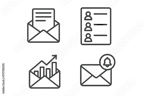 Email marketing line icon set. Minimalist vector symbols for digital marketing campaign, newsletter, mailing list growth, analytics report, and subscriber notification. CRM concept.