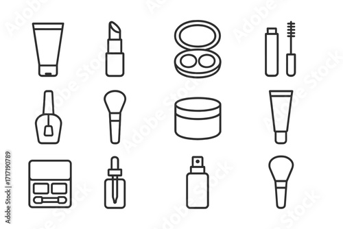 Minimalist outline icons of makeup and skincare products, beauty icons set, cosmetic vector illustration with transparent background, makeup brushes, lipsticks, creams, and nail polish design