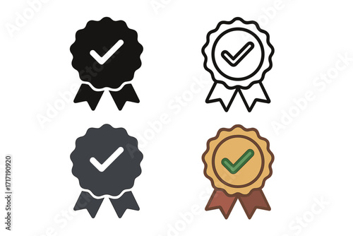 Premium quality product stamp seal vector set. Trendy ribbon badge icons with check marks in four different styles. Vintage and modern award seals for certification and branding designs.