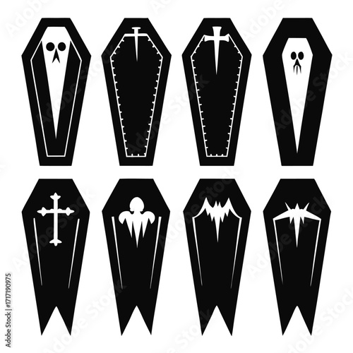 Black Coffin Vector Set with Crosses – Halloween Horror Elements