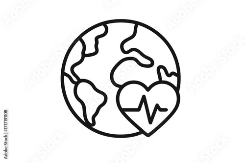 Planet Earth globe with heart and lifeline symbol, health concept vector, world healthcare, heart rate pulse outline, global wellness and environmental care illustration