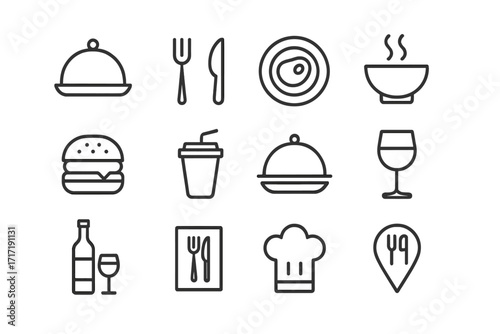 Minimalist restaurant menu icons black line style for food dining themes, vector cartoon illustration set with transparent background, utensils, chef hat, dishes, drinks, fast food symbols