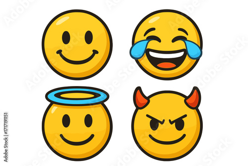 Playful emoji collection with smiling face, laughing tears, angel halo, and devil horns cartoon vector illustration, cheerful emotions, transparent background, ordered set