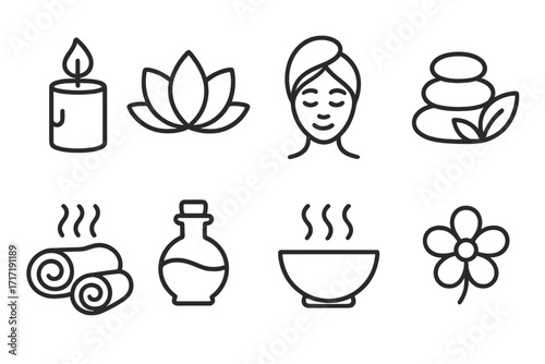Minimalist spa icon set with wellness symbols, relaxation elements, candle, lotus flower, face towel, essential oil, hot stones, aromatic bowl, and floral design in vector illustration