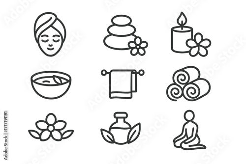 Minimalist spa icons set with wellness symbols and relaxation elements, massage stones and flower, candle, towel, essential oil, meditation pose, floral decoration, cartoon vector illustration