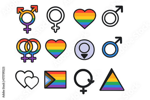 Set of LGBTQ+ gender and sexual orientation vector symbols, pride rainbow colors, diverse love and identity icons, female, male, transgender, queer, equality, inclusive design
