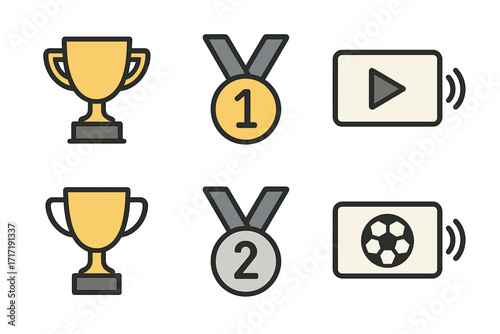Minimalist sports icon set featuring gold and silver trophies, medals with first and second place, and live streaming symbols with play and soccer ball, vector cartoon illustration