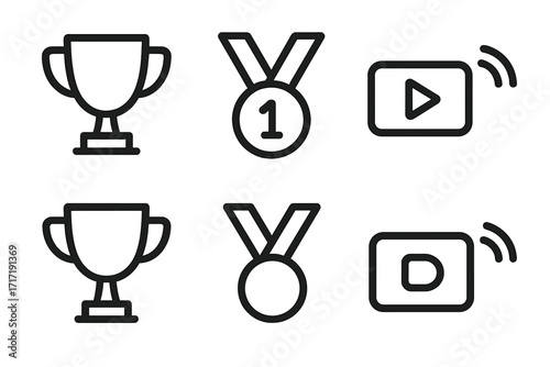 Minimalist sports icon set featuring trophies, medals with number 1 and plain, live stream play and record buttons, black line vector cartoon with transparent background, ordered set