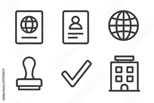 Minimalist travel icons set with passport, visa, globe, entry stamp, check mark, hotel building, vector cartoon illustration, transparent background, travel essentials collection
