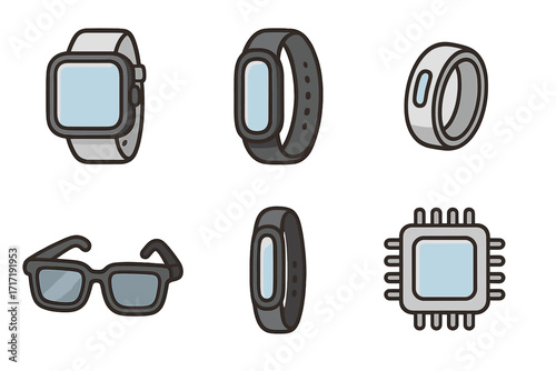Smart wearables design collection with smartwatch, fitness band, smart ring, smart glasses, activity tracker, and microchip icons. Vector cartoon illustration set with clean transparent background.