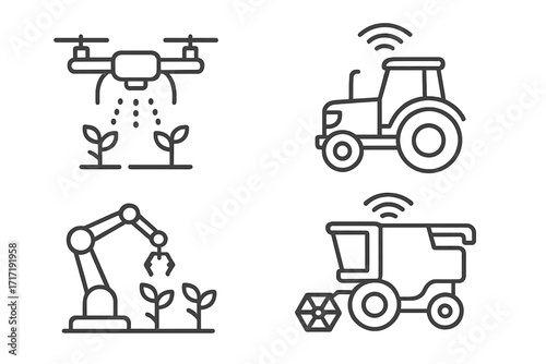 Modern farming technology icons featuring smart drones, automated robotic arms, wireless smart tractors, and advanced smart combine harvesters in clean linear vector style for agriculture innovation
