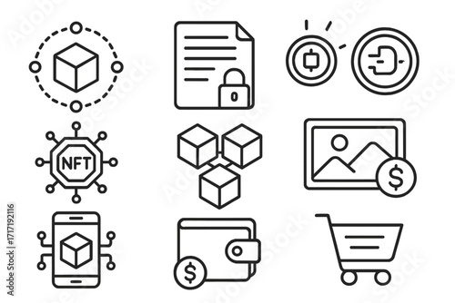 NFT essentials line icons for blockchain technology and digital assets, vector set of cryptocurrency symbols, digital wallet, secure data, smart contracts, online payments, and cryptocurrency shopping